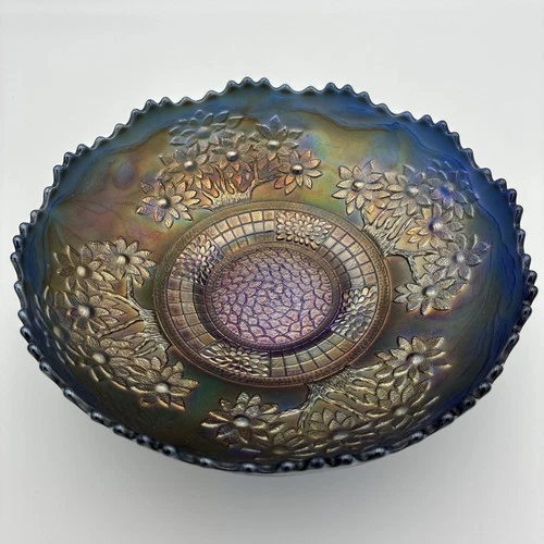 Rare 1920s Vintage Fenton Blue Carnival Glass Orange Tree Pattern Bowl