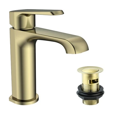 FNX BATHROOMS Lunaris Brushed Brass Mono Basin Mixer Tap Deck Mounted with Slotted Basin Waste