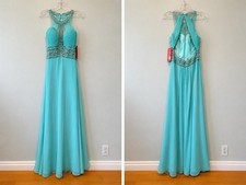 Women  s Blue Chiffon Formal Long Gown Halter Beaded Sequin Lined S