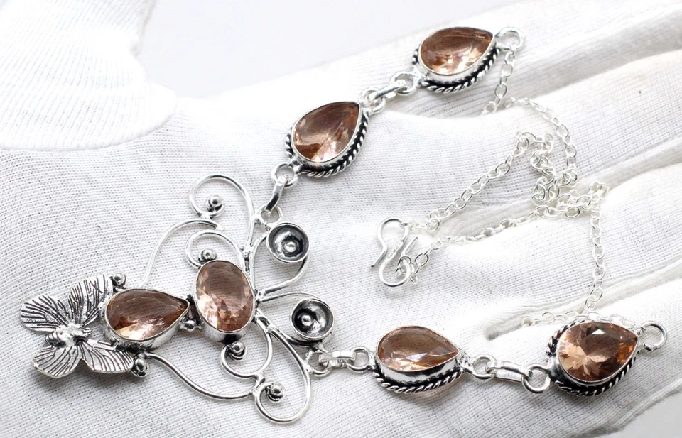 925 Sterling Silver Peach Morganite Gemstone Handmade Jewelry Necklace Sz-17-18 - Image 2 of 4