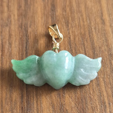 Natural Burmese Green Carved Jade Heart with Wings Pendant Charm