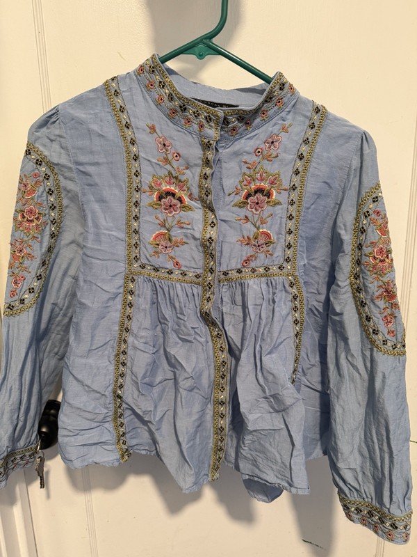 Zara Light Blue Embroidered Blouse Long Sleeve Size Small