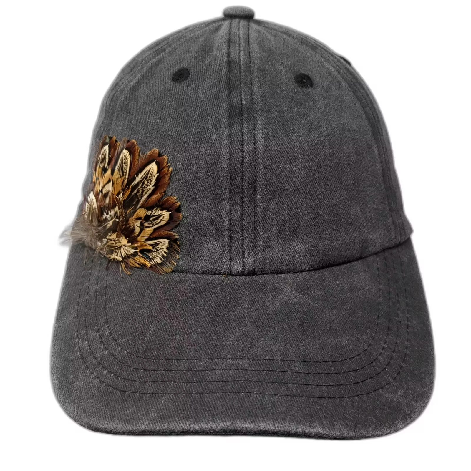 Gray Cotton Baseball Cap Hat OS Adjustable Slideback Pheasant Feather Detail