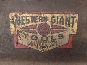 1930s Western Giant Tools Western Auto Supply Tool Box w/ Tray Leather Handle