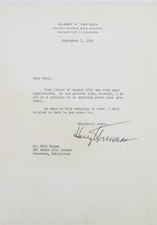 Signed / Autographed Letter from Former President Harry S. Truman Sept 1, 1956