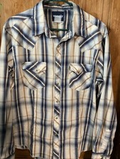 VTG Wrangler Men's Pearl Snap Cowboy Western Shirt Blue Plaid Large Stitches