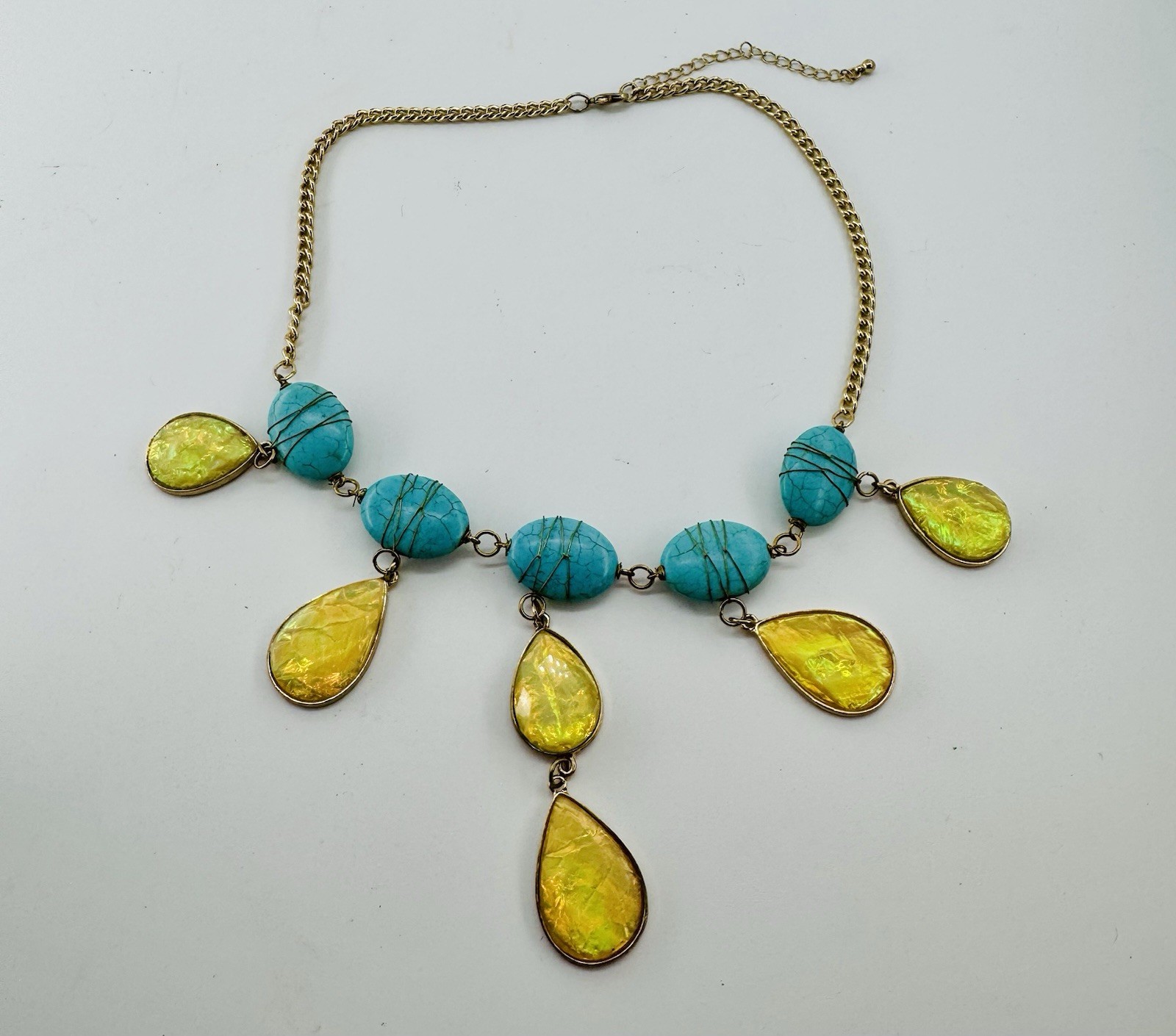 Turquoise Yellow Statement Necklace Teardrop Boho… - image 6