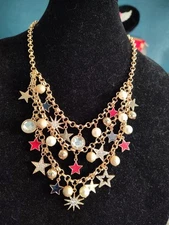 Charming Charlie Gold Tone Bib Necklace Red,Blue And Rhinestone Stars,Faux Pearl
