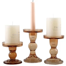 GMWD 3 Pcs Glass Candle Holder Set Clear, Amber Candlesticks Holders Pillar T...