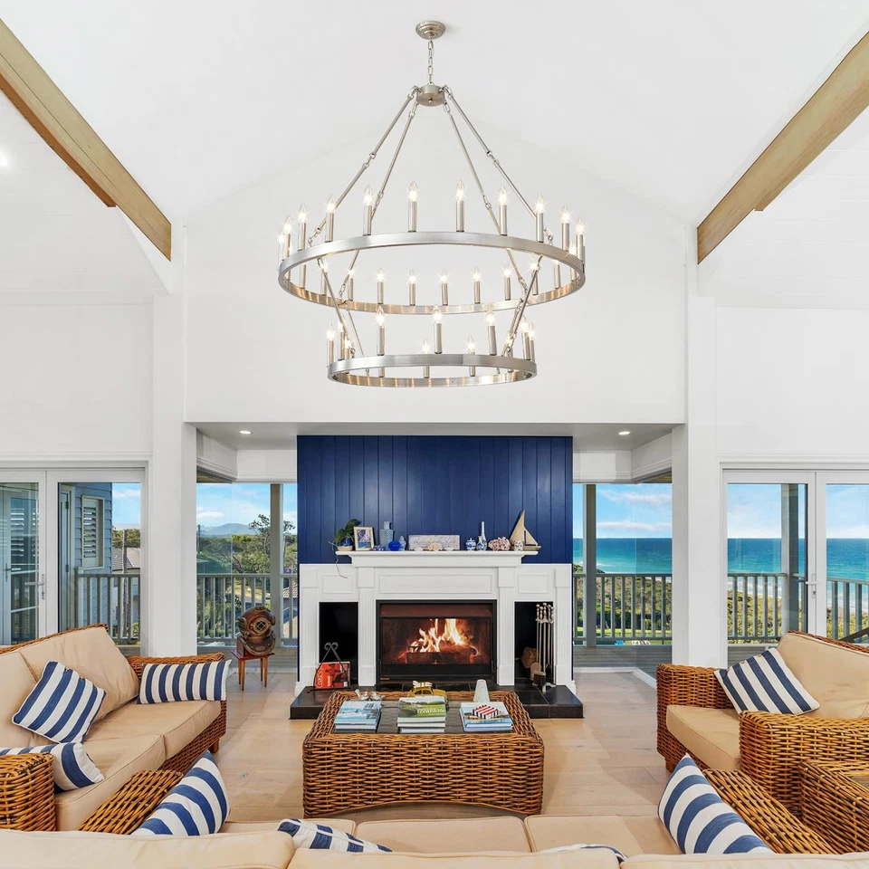 Lámpara de araña de rueda de vagón de 2 niveles 36 luces 48 pulgadas extra grande níquel redonda rústica... Foto 2 de 4