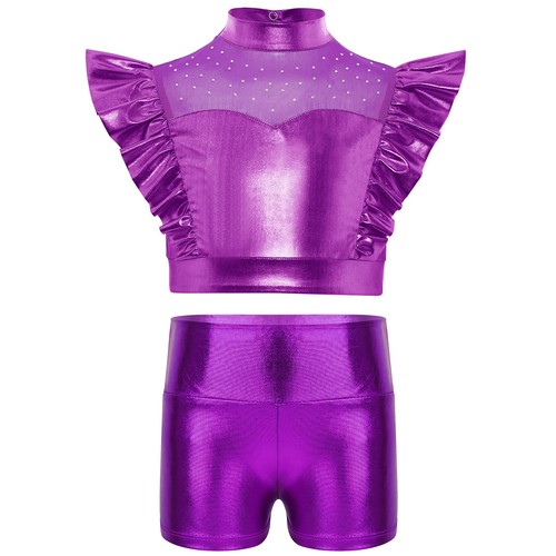 Kinder Mädchen Outfit Tanzanzug Modern Set Karneval Ärmellos mit Shorts Glänzend - Bild 9 von 17
