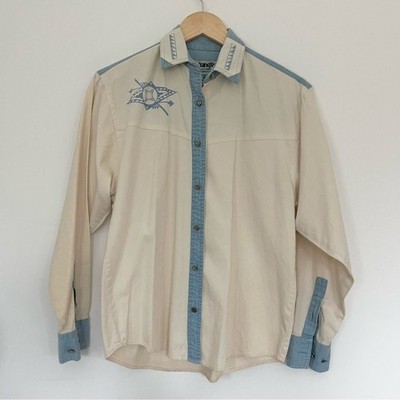 Wrangler Authentic Western Apparel Cream and Blue Denim Button Down Shirt READ S