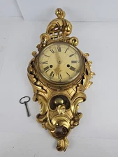 Antique 19th C. Swedish Victorian Gilt Carved Wood Rococo Cartel Wall Clock