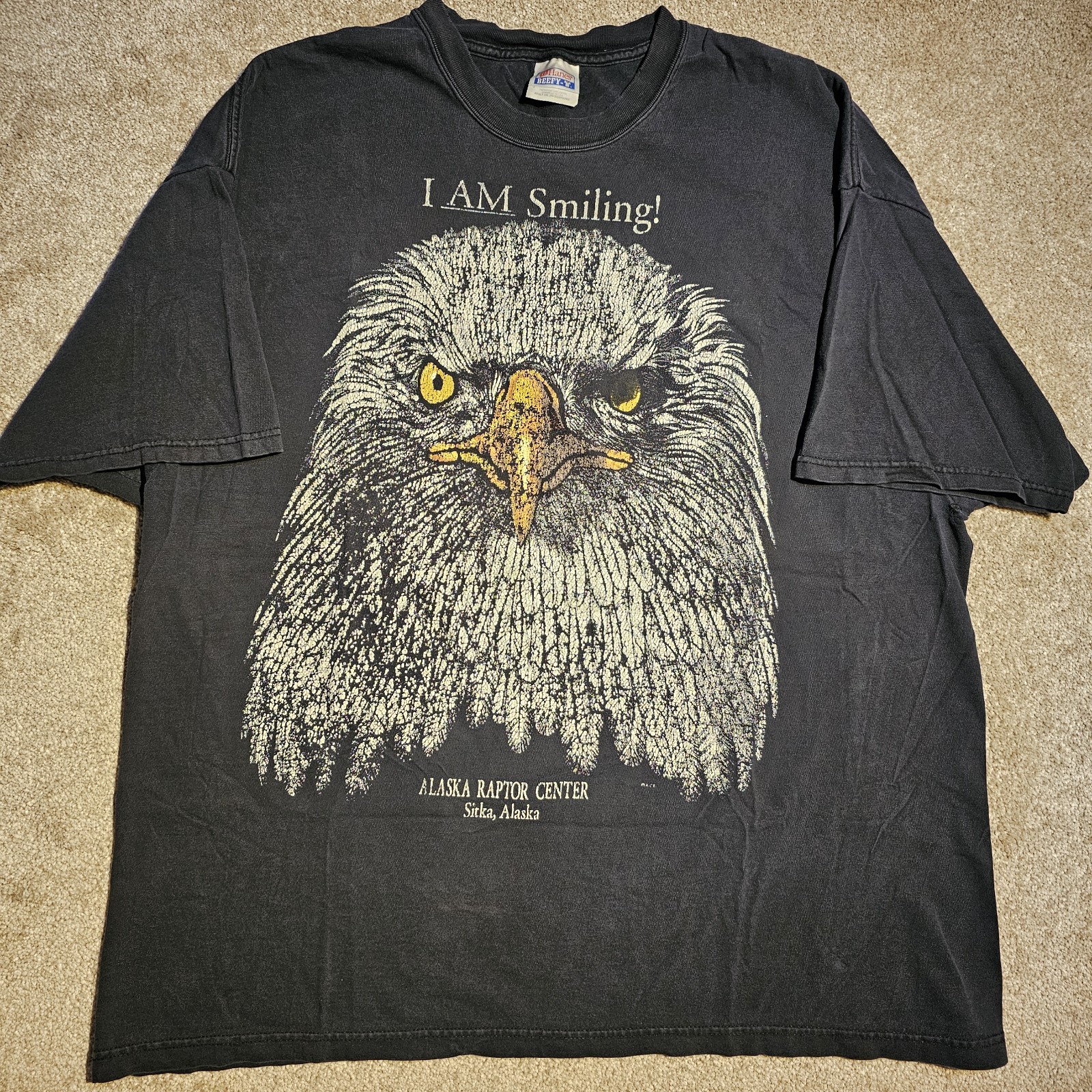 Vtg 90s Thrashed Bald Eagle I AM Smiling Size 2XL Faded T-Shirt Emo Grunge Black
