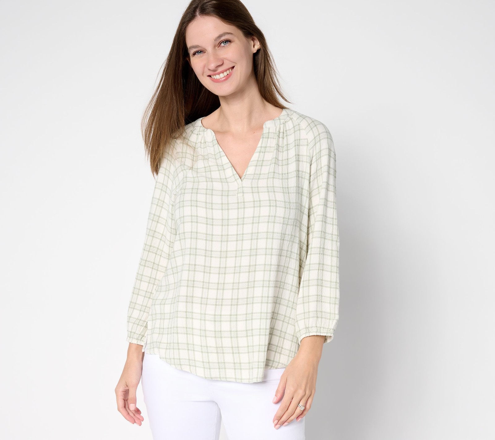 Belle by Kim Gravel Women's Top Sz XS Mini Plaid Weekend Peasant White A691854