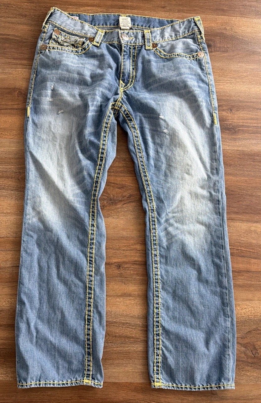 True Religion Ricky Super T Jeans Mens 38 Blue Denim Yellow Stitch Vintage Y2K image 7