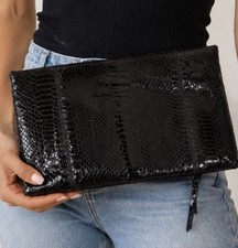 Women's Black Snakeskin Clutch Purse Clemente Vintage Detachable Strap
