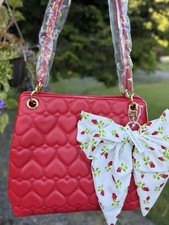 Betsey Johnson Quilted Red Heart Tote Shoulder Bag Floral Rose Bow Charm