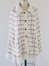 Womens 70s Vintage Check Plaid Acrylic Sweater Fringe Knit Poncho READ