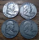Lot of 4 Franklin Half Dollars -- 1957, 1958, 1959 and 1960 -- 90% Silver