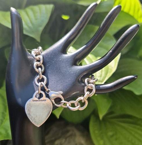 Tiffany Co Sterling Silver Heart Tag Link Bracelet Heavy Rolo Chain 925 Vintage
