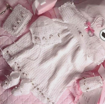 Christening Ensemble: thread crochet long or short gown bonnet booties bib +
