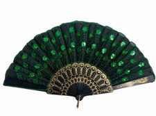 Handmade Green Peacock Pattern Sequin Embroidered Fabric Hand Fan FREE GIFT