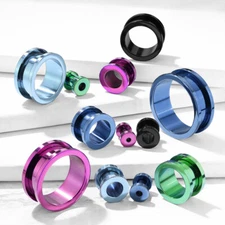 PAIR PVD Plated Screw Fit Tunnels Steel Plugs Earlets Earrings Gauges