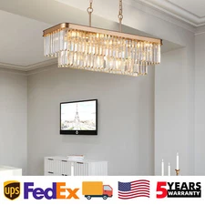 34'' Modern K9 Crystal Chandelier Gold Rectangular Pendant Light Ceiling Fixture