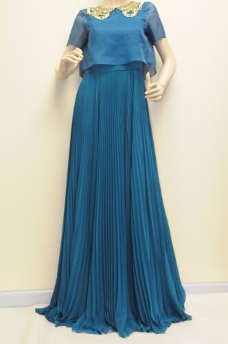 New Marchesa Notte Cerulean Blue Gold Jewel Neck Plisse Dress GOWN Size 4 - Picture 1 of 14