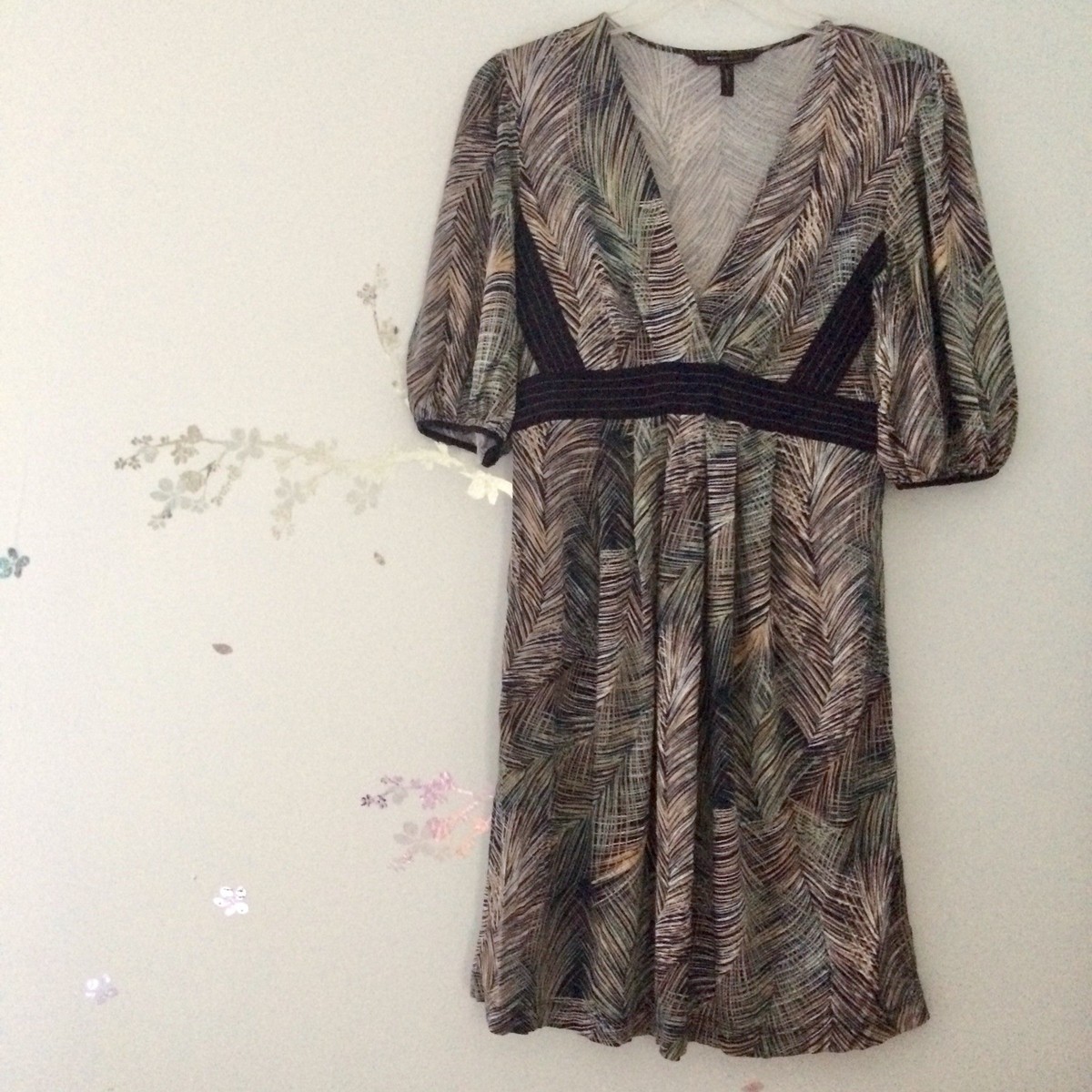 green feather print dress 1960S Teal & Green Silk Twill Hand Printed Peacock Feather Print Long Sleeve Dress
