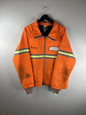Vintage 1970s Hi Vis Jacket Adult XL Orange Full Zip Reflective 
