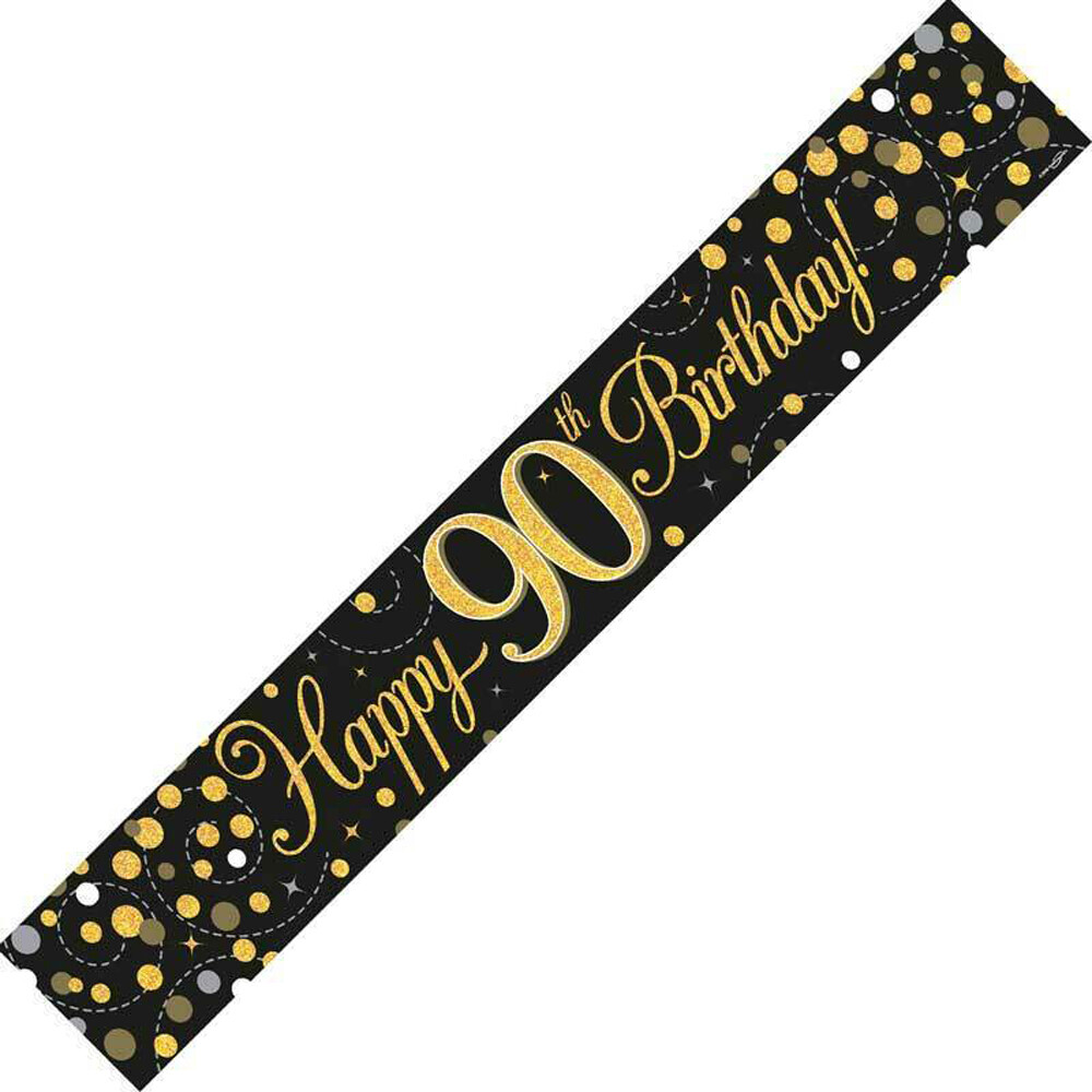 90th Birthday Party Banner – Black & Gold Happy 90th Party Decoration Bunting