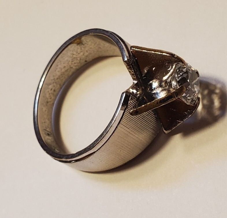 H.M.S. Brushed Silver Tone Solitaire Wide Band Fashion Ring Size 7 White Topaz  thumbnail 4