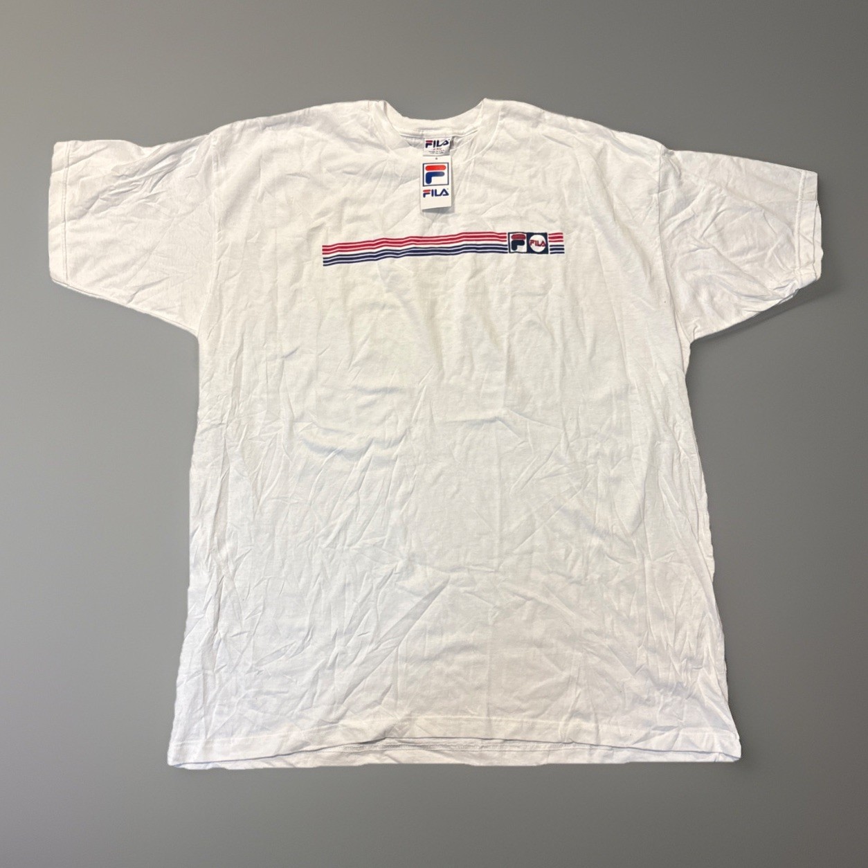 Vintage 90’s Fila Men’s Heritage Stripe XXL White T-Shirt NEW With Tags NOS