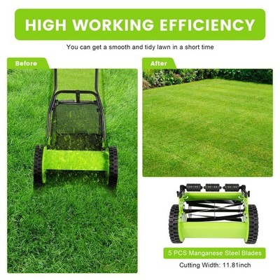 12-inch Manual Lawn Mower 5-blade Push Reel Lawn Mower With Grass Catcher Green