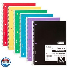 Mead Spiral Notebook, 6 Pack, 1 Subject, Wide Ruled Paper, 7-1/2" x 10-1/2",