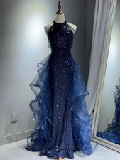 Elegant Sparking Navy Blue Evening Dresses Customized Beading Party Tiered Gown
