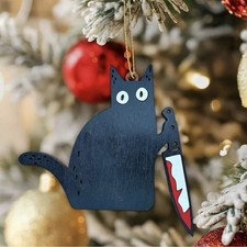 Black Cat Christmas Ornament Wooden Funny Tree Hanging Cat With Knife Spooky