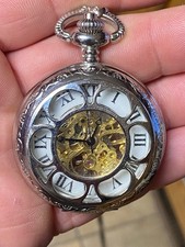 Wind Up Skeleton Pocket Watch  Chain Fancy Silver Tone Works
