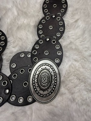 Women's Western Bohemian Style Black Disc Concho Belt with Floral Buckle