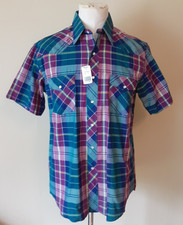 NWT Vintage 1990s Wrangler Western Shirt L 16.5 Blue Green Red Plaid Snaps Korea