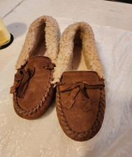 Women  s Brown Suede Moccasin Slippers Faux Fur Lined Slip-On Bow US 7
