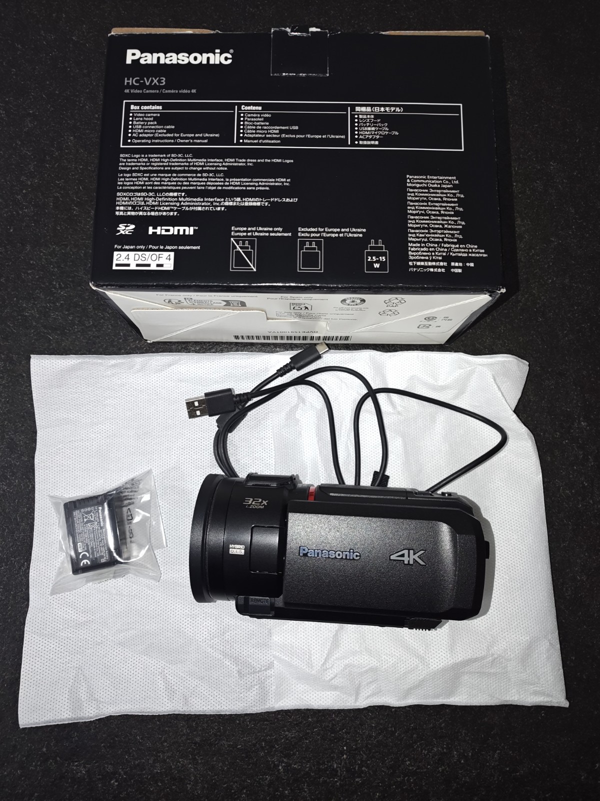 Panasonic HC-VX3 videocamera 4K nera stabilizzatore 24x con batteria USB