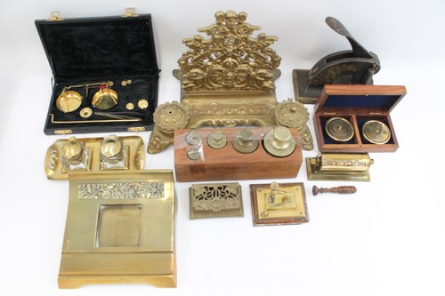 Desk Antique Vintage Collectables Inc Stap Box Inkwell Balance Scale Etc