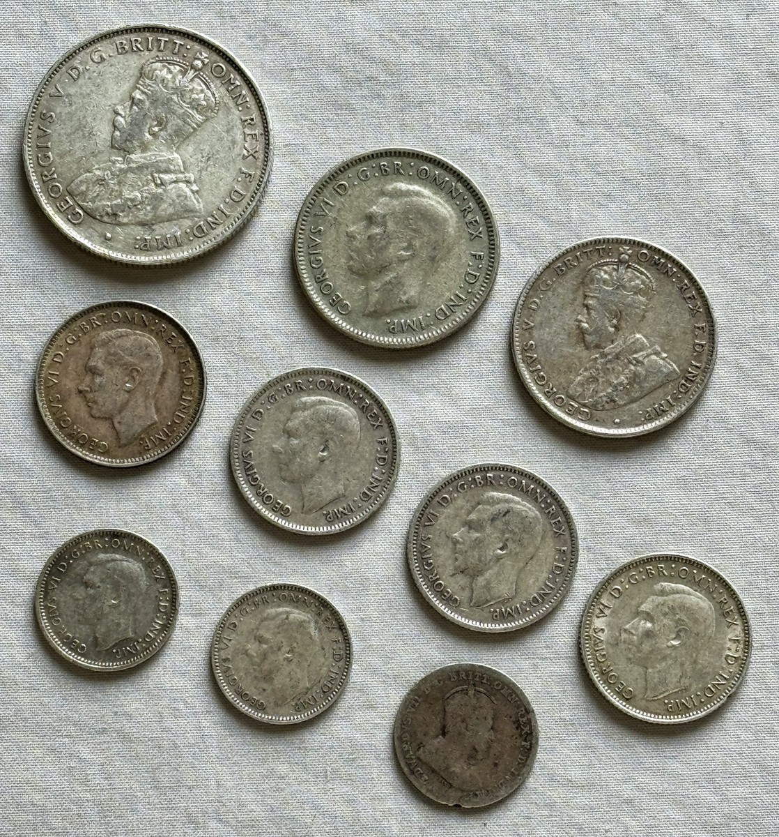 10-Coin Australia Silver Lot 37.6g • 1.12 ozt ASW • 1910–1946