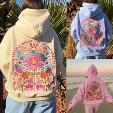 New Pink Palm Floral Embroidered Hoodie Pullover Cozy Casual Sweatshirt Women
