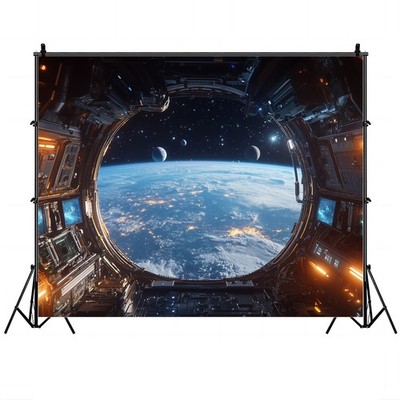 1pc 2D Sci-Fi Space Station Tapestry - Futuristic Wall Art with Vibrant Planets