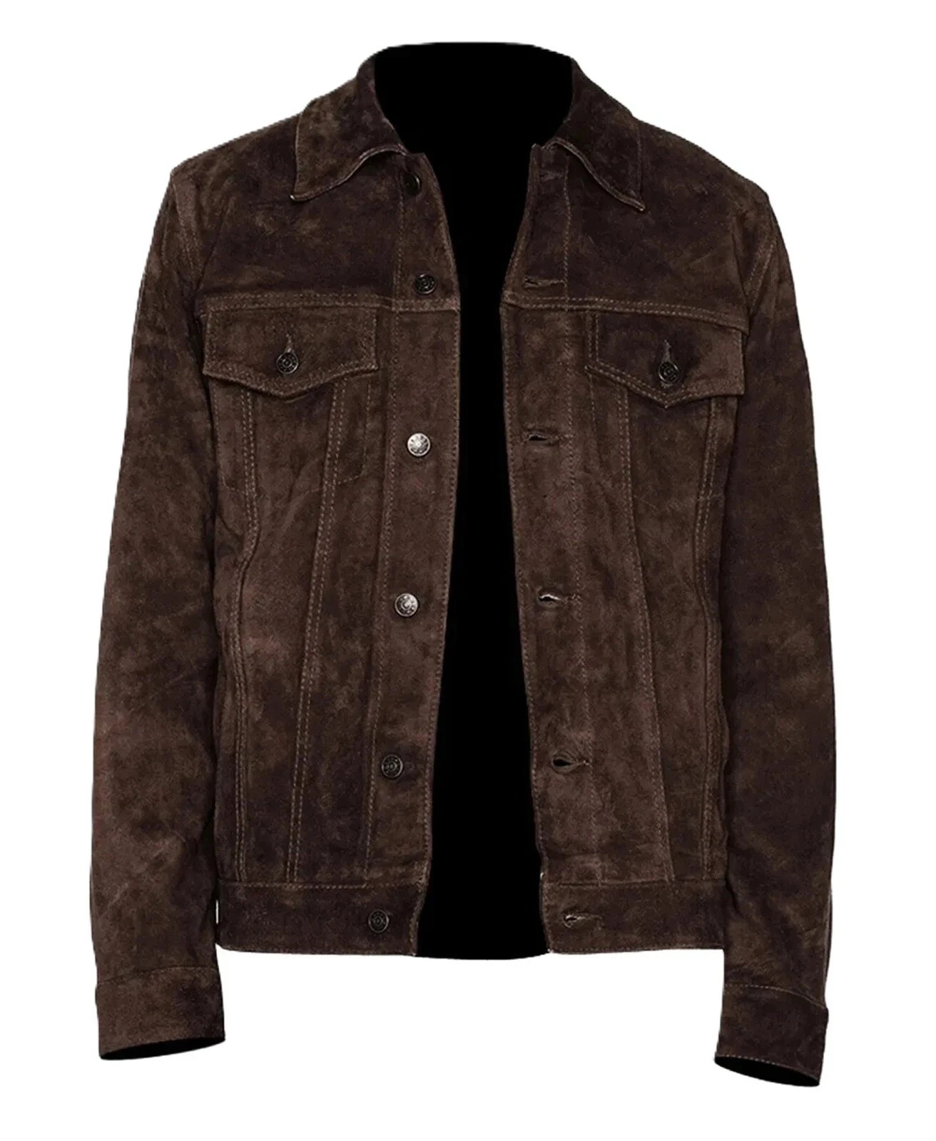 Classic Men's Dark Brown Real Suede Leather Trucker Jacket  Denim Style Coat