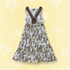 J  Gee Ivory Brown Floral Sleeveless Button Lace Ruffle Midi A-Line Dress PS